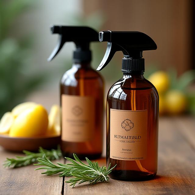 Botellas de vidrio ámbar con soluciones de limpieza artesanales y ramitas de romero