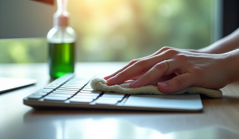 Persona limpiando suavemente un teclado con productos ecologicos